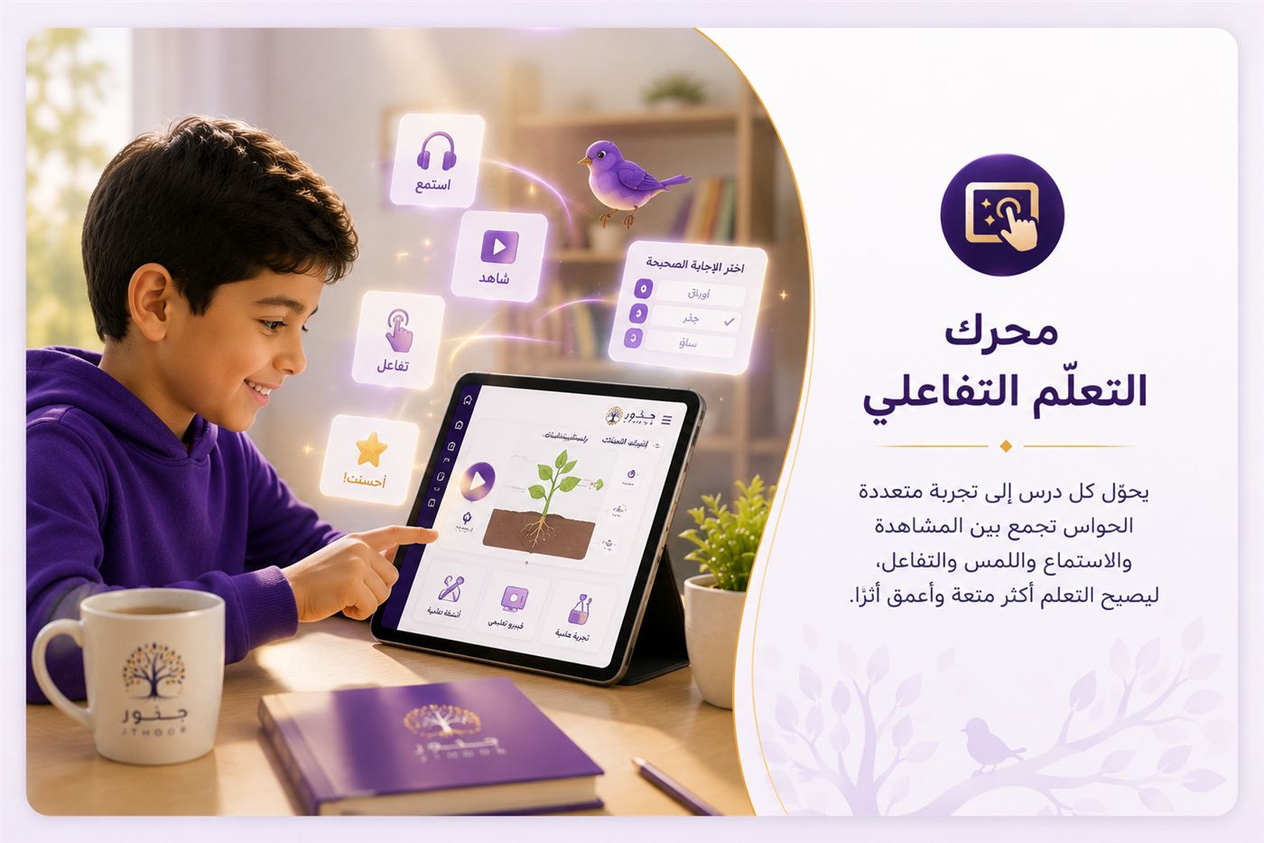 محرّك الأنشطة التفاعليّة — طالبٌ يتعلّم عبر الاستماع والمشاهدة واللمس والتفاعل على جهازٍ لوحيّ