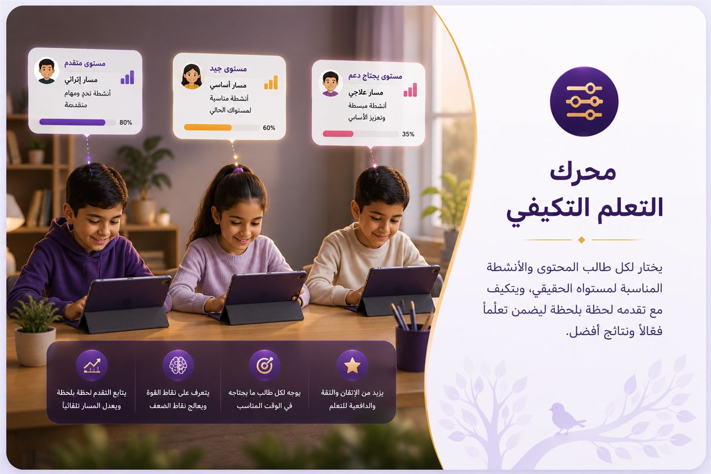 محرّك التعلّم التكيّفي — ثلاثة طلّاب، كلٌّ منهم يسلك مساراً مختلفاً حسب مستوى إتقانه الحقيقي