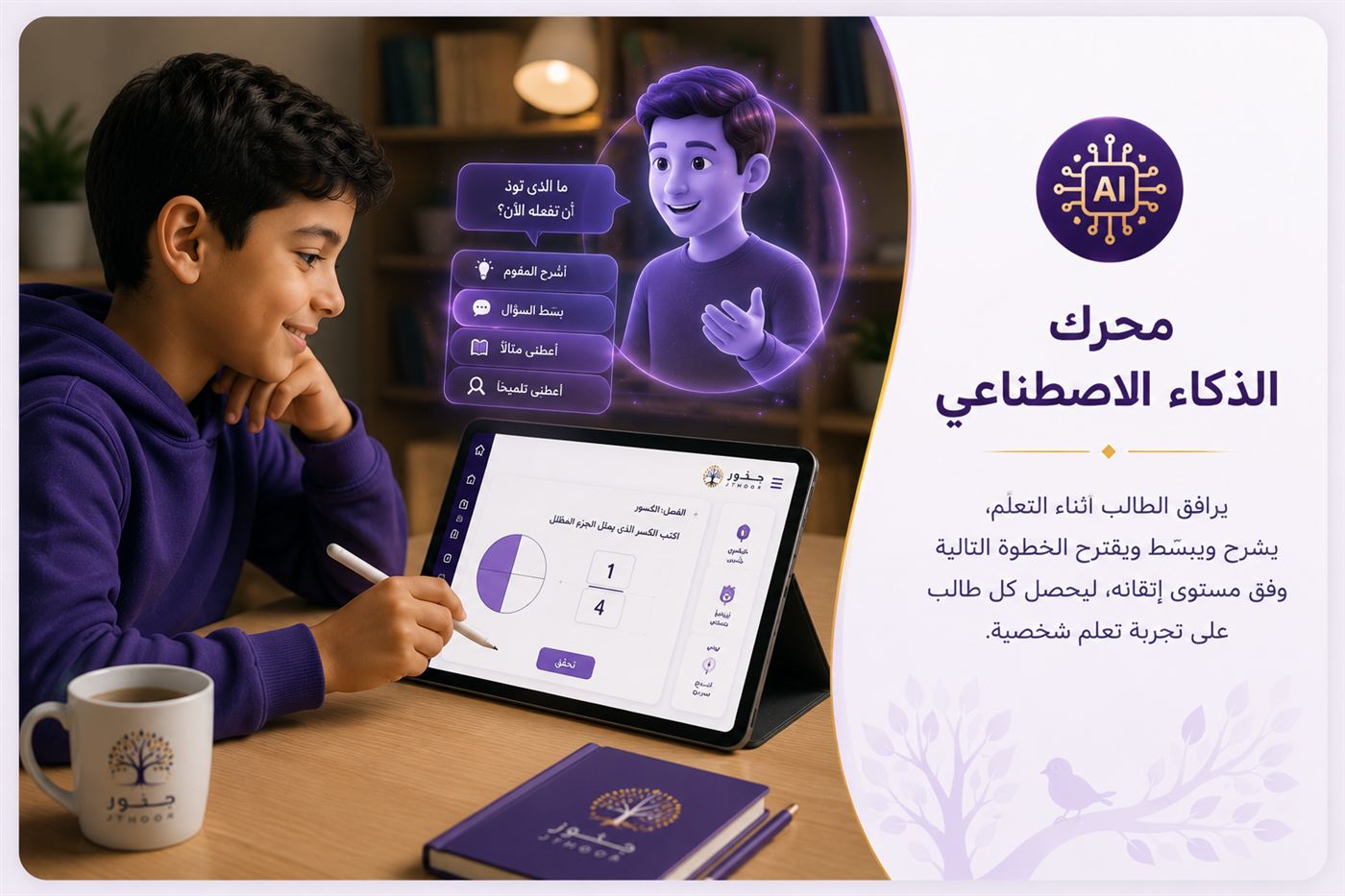 محرّك الذكاء الاصطناعي — مساعدٌ ذكيّ يشرح ويبسّط ويقترح الخطوة التالية للطالب أثناء حلّ التمارين