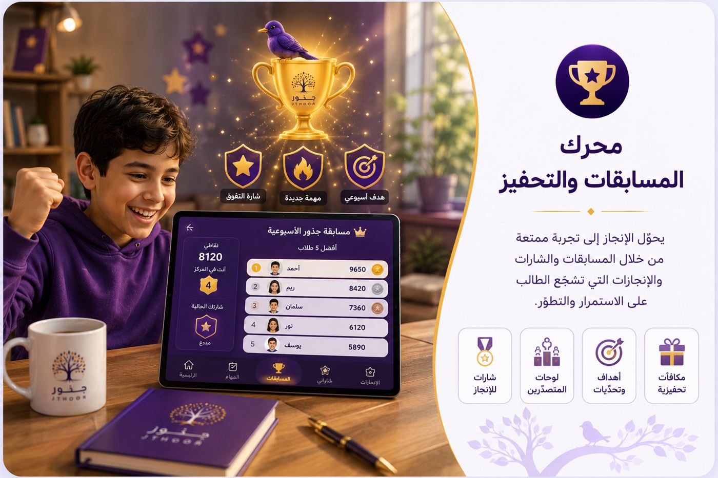 محرّك المسابقات والتحفيز — طالبٌ يحتفل بمركزه في مسابقة IBAL | JTHOOR