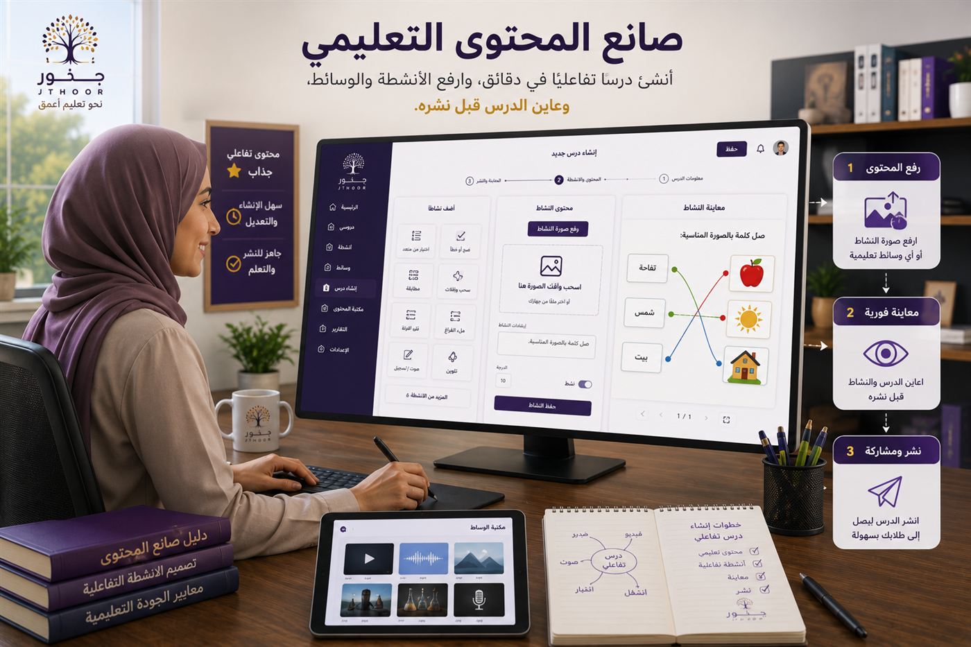 مصنع المحتوى — معلّمةٌ تُنشئ درساً تفاعليّاً: رفع محتوى، معاينة فوريّة، ثم نشر