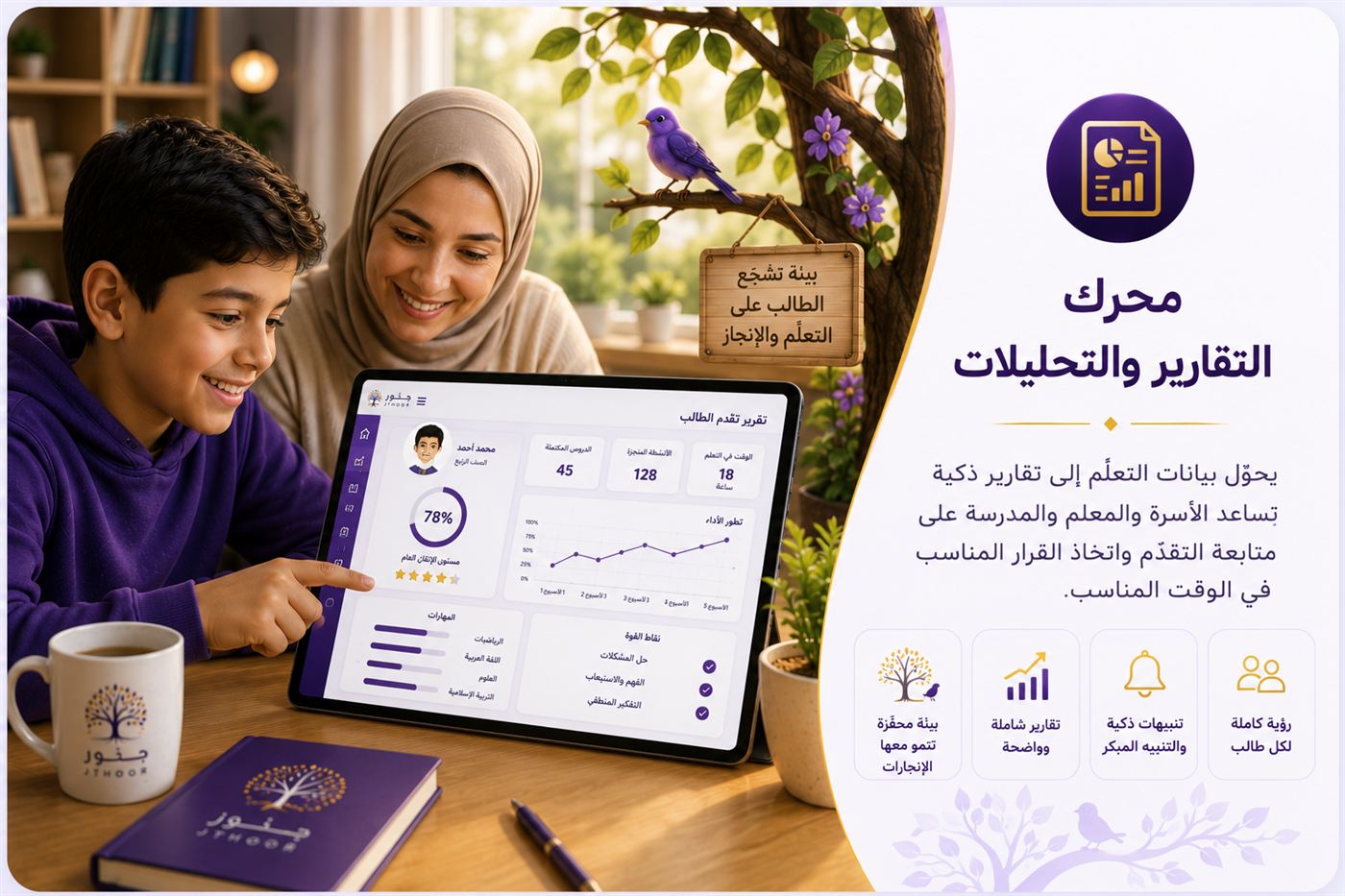 محرّك التقارير والتحليلات — أمٌّ وابنها يستعرضان تقرير تقدّم الطالب الشامل