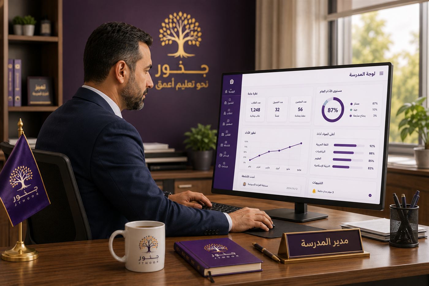 محرّك إدارة المدرسة — مدير مدرسة يراجع لوحة أداء مدرسته