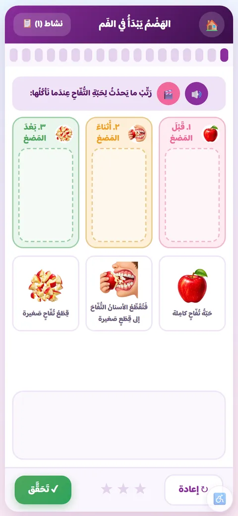 نشاط علوم للصف الرابع: ترتيب مراحل هضم الطعام في الفم