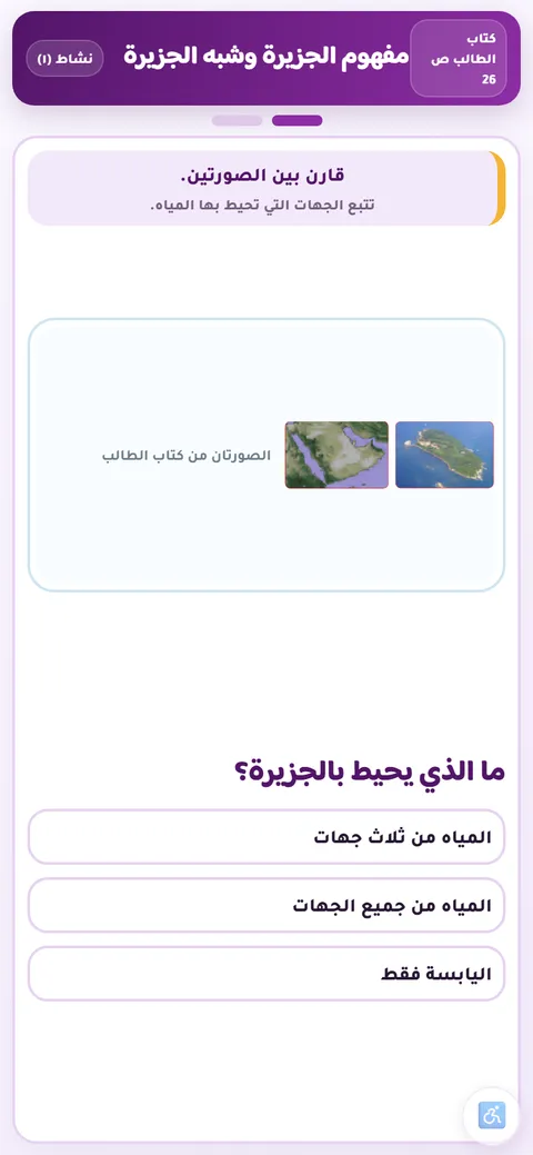 نشاط اجتماعيات للصف السادس: مفهوم الجزيرة وشبه الجزيرة